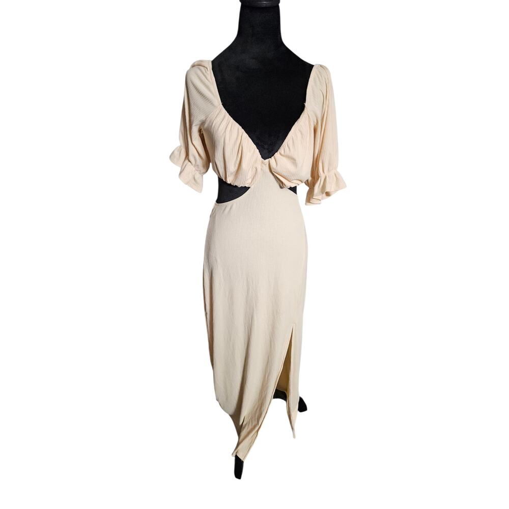 Leli Collection Women Cut Out V-neck Ribbed Creme Dress Size Medium